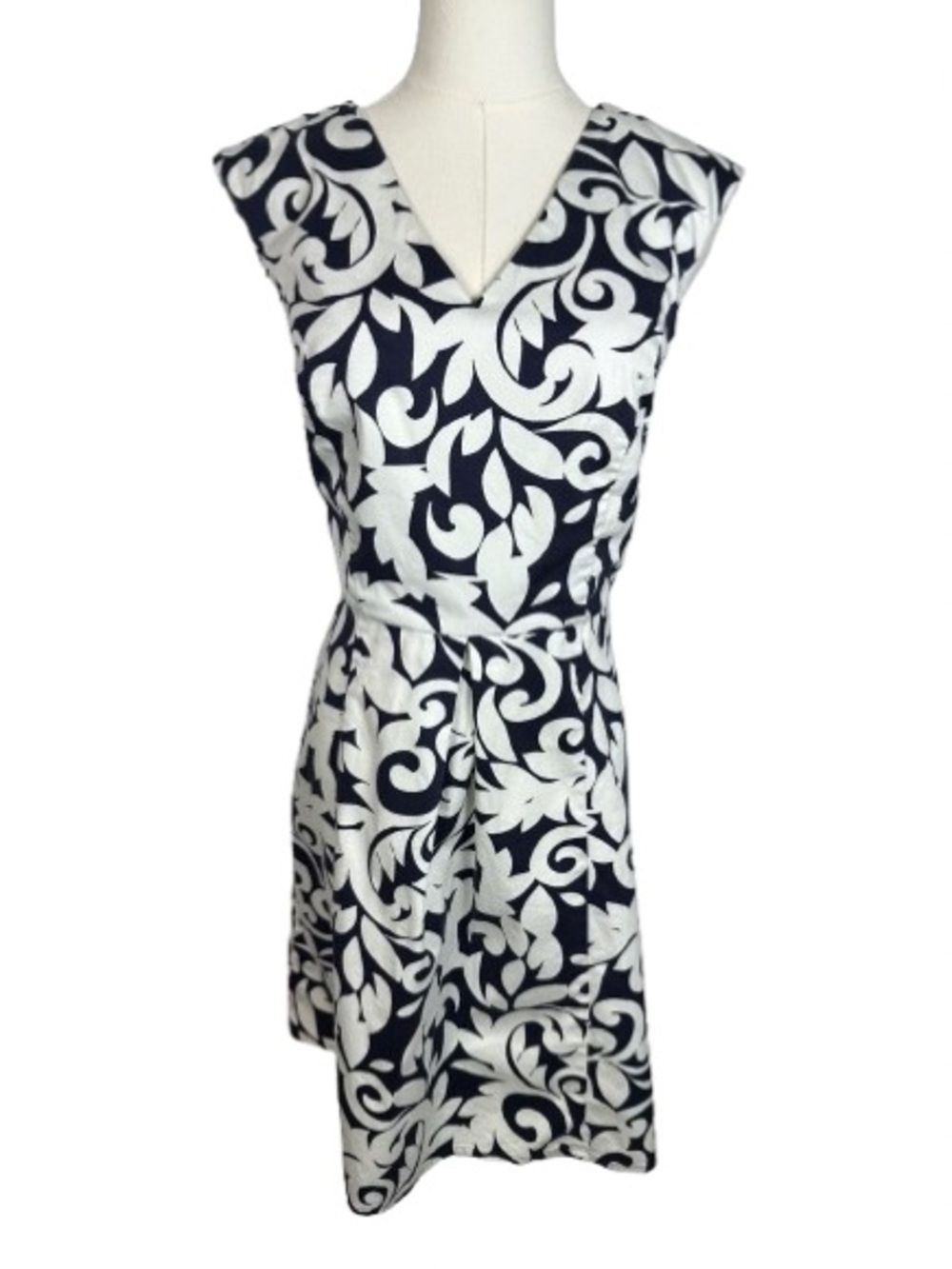 LOFT Navy and White V‑Neck Printed Midi Dress